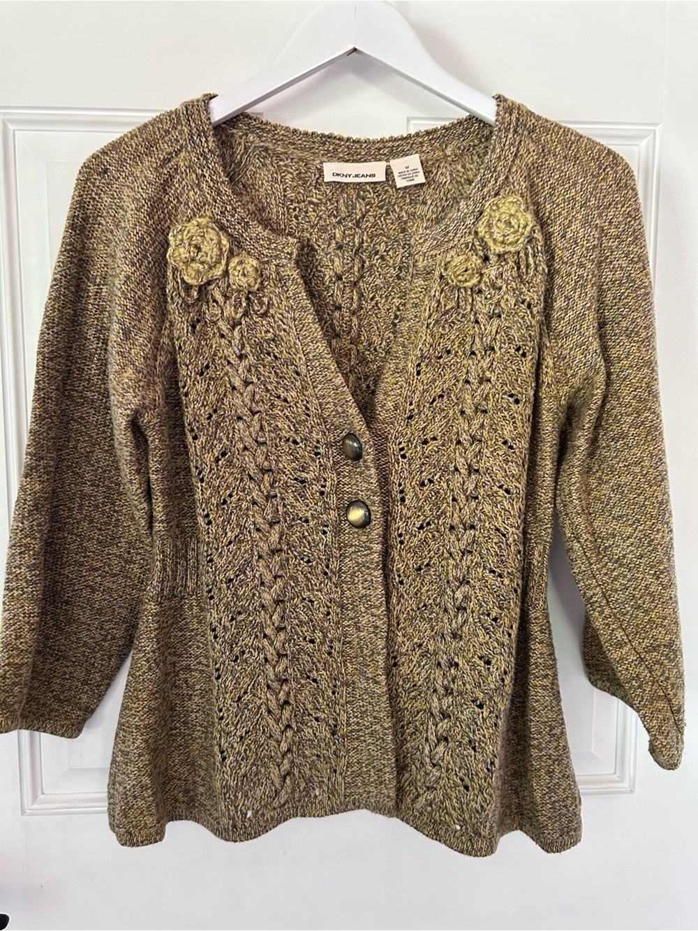 Dkny Olive-Tone Floral Appliqué Knit Cardigan